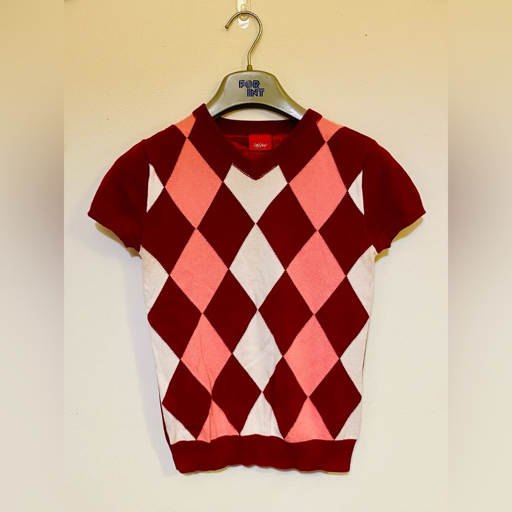 Mossimo Size S Red, Pink, White SS Argyle V-Neck Sweater